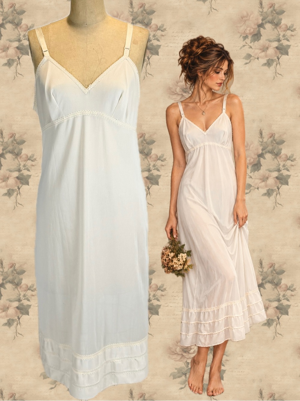 VINTAGE 80s dress slip silky nylon lace ivory cream lingerie midi layer boudoir